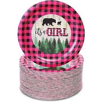 Buffalo Plaid Paper Plates, It's A Girl Baby Shower Party (7 in 80 Pack)