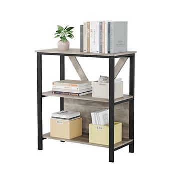 3 tier LED Bookshelf with Open Shelves, Wood and Metal Bookcase for Living Room, Bedroom, Office