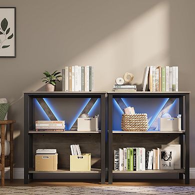 3-Tier LED Bookshelf with Open Shelves, Wood and Metal Bookcase for Living Room, Bedroom, Office