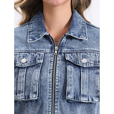 Casual Denim Jacket for Women's Zip Up Long Sleeves Pockets Crop Jean Jacket