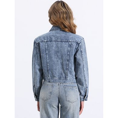 Casual Denim Jacket for Women's Zip Up Long Sleeves Pockets Crop Jean Jacket