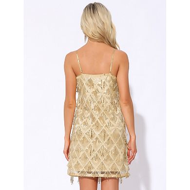 Women's Sequin Flapper Tassel Fringe Spaghetti Straps Cocktail Party Mini Sparkly Dresses