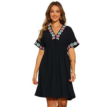 Boho Babydoll Dress for Women's Summer Embroidered V Neck Short Sleeve Flowy Shift Dress