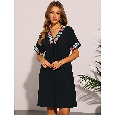 Boho Babydoll Dress for Women's Summer Embroidered V Neck Short Sleeve Flowy  Shift Dress