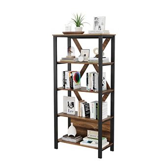 5 tier LED Bookshelf with Open Display Shelves, Wood and Metal Bookcase for Living Room, Office