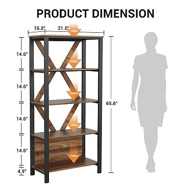 5-Tier LED Bookshelf with Open Display Shelves, Wood and Metal Bookcase for Living Room, Office