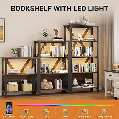 5-Tier LED Bookshelf with Open Display Shelves, Wood and Metal Bookcase for Living Room, Office