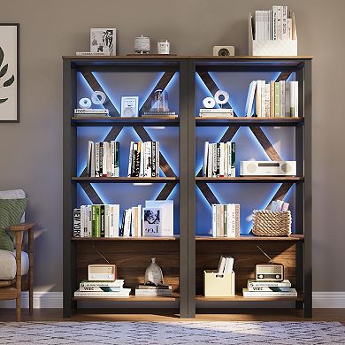 5-Tier LED Bookshelf with Open Display Shelves, Wood and Metal Bookcase for Living Room, Office