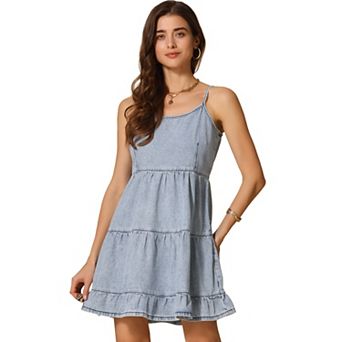 Denim Spaghetti Strap Dress for Women's Tiered A-Line Sleeveless Jean Dresses