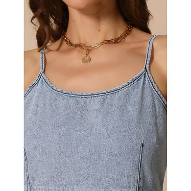 Denim Spaghetti Strap Dress for Women's Tiered A-Line Sleeveless Jean Dresses