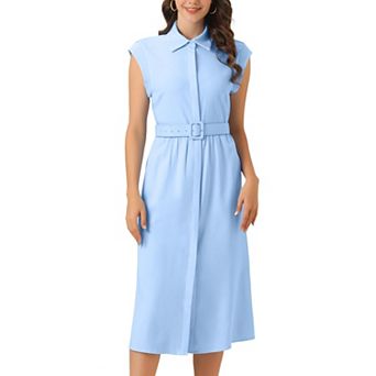 Sleeveless Dresses for Women's Collared Button Down Belted Waist Midi Work Dresses
