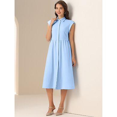 Sleeveless Dresses for Women's Collared Button Down Belted Waist Midi Work Dresses