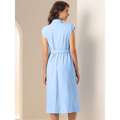 Sleeveless Dresses for Women's Collared Button Down Belted Waist Midi Work Dresses