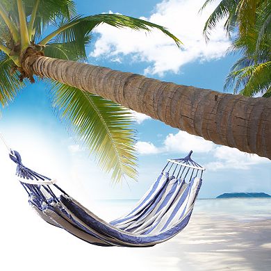 Stripe Hammock with Stick for Outdoor 74.8"x59.06" Blue White 1 Pc