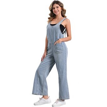 Denim Jumpsuit for Women's Casual Adjustable Strap Wide Leg Pants Overalls