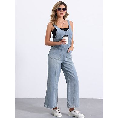 Denim Jumpsuit for Women's Casual Adjustable Strap Wide Leg Pants Overalls