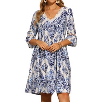V Neck Mini Dress for Women's Casual Bohemian Print 3/4 Sleeve A-Line Summer Beach Dresses