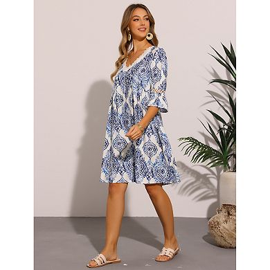 V Neck Mini Dress for Women's Casual Bohemian Print 3/4 Sleeve A-Line Summer Beach Dresses