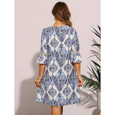 V Neck Mini Dress for Women's Casual Bohemian Print 3/4 Sleeve A-Line Summer Beach Dresses