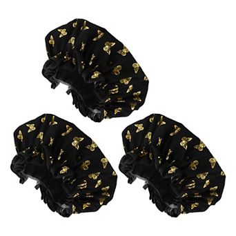 3 pc Women Gold Butterfly Shower Cap for Bathroom Vacation Travel Hotel