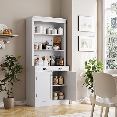Bookcases with 2 Doors and 1 Drawer, Floor Standing Display Storage with Open Shelves
