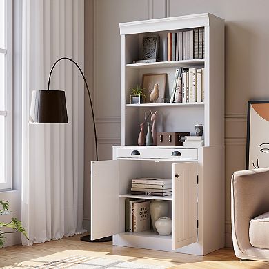Bookcases with 2 Doors and 1 Drawer, Floor Standing Display Storage with Open Shelves