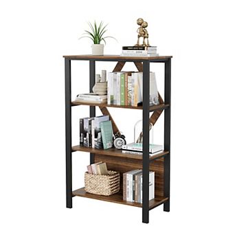 4 tier LED Bookshelf with Open Display Shelves, Wood and Metal Bookcase for Living Room, Office