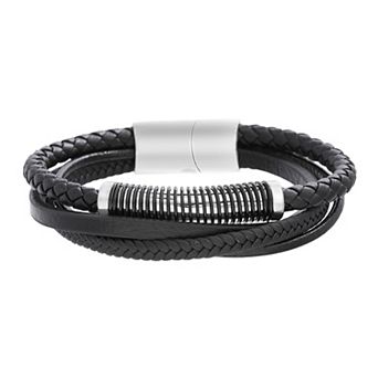 Men's STUDIO 1913 Black Leather and Stainless Steel Triple Strand Bracelet