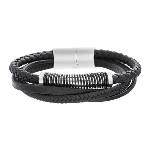 Men's STUDIO 1913 Black Leather and Stainless Steel Triple Strand