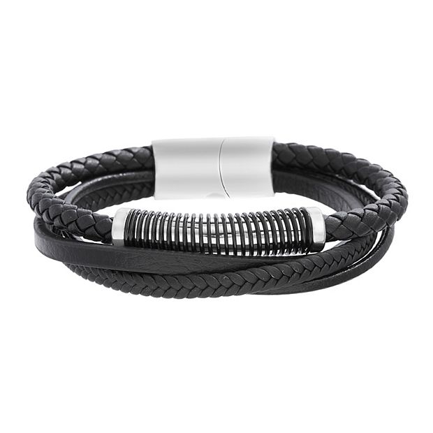 Men's STUDIO 1913 Black Leather and Stainless Steel Triple Strand