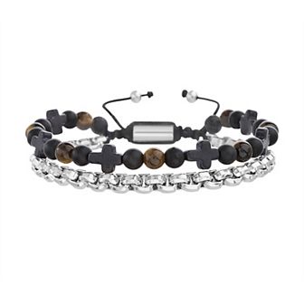 Men's STUDIO 1913 Stainless Steel Turquoise, Tiger Eye, & Black Bead Double Strand Bracelet