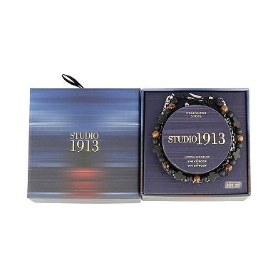 Men's STUDIO 1913 Stainless Steel Turquoise, Tiger Eye, & Black Bead Double Strand Bracelet