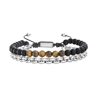 Men's STUDIO 1913 Stainless Steel Tiger Eye & Black Beads Double Strand Adjustable Bracelet