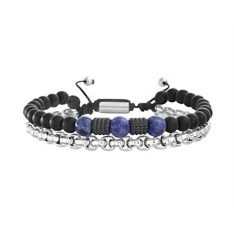 Men's STUDIO 1913 Stainless Steel Blue Tiger Eye & Black Bead Adjustable Double Strand Bracelet