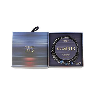 Men's STUDIO 1913 Stainless Steel Blue Tiger Eye & Black Bead Adjustable Double Strand Bracelet