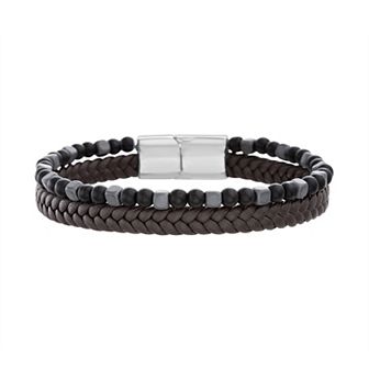 Men's STUDIO 1913 Stainless Steel & Brown Leather Hematite & Black Bead Double Strand Bracelet