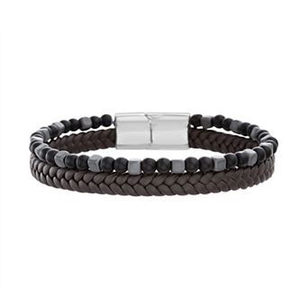Men's STUDIO 1913 Stainless Steel & Brown Leather Hematite & Black Bead Double Strand Bracelet