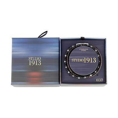 Men's STUDIO 1913 Stainless Steel & Brown Leather Hematite & Black Bead Double Strand Bracelet