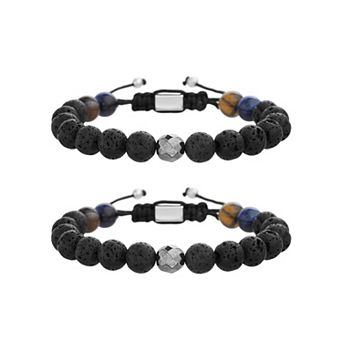 Men's STUDIO 1913 "Father and Son" Lava Stone, Hematite, Tiger Eye, & Lapis Beads Adjustable Two Piece Bracelet Set