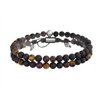 Men's STUDIO 1913 Stainless Steel Red Jasper, Tiger Eye and Black Glass Bead Bracelet Set