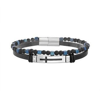 Men's STUDIO 1913 Stainless Steel & Leather Beaded Double Strand Bracelet
