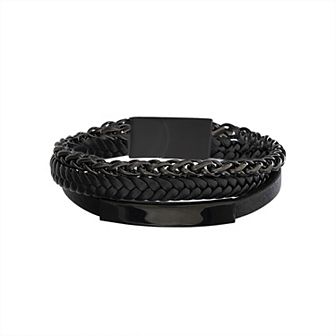 Men's STUDIO 1913 Black Ion Plated Stainless Steel & Leather Triple Strand Bracelet