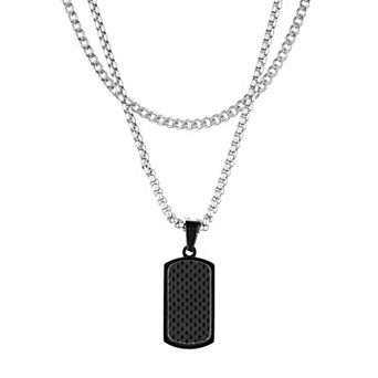 Men's STUDIO 1913 Black Ion-Plated Stainless Steel Double Layered Box and Curb Chain Carbon Fiber Dog Tag Necklace