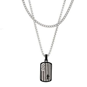 Men's STUDIO 1913 Stainless Steel Layered Box and Curb Chain Necklace with American Flag Dog Tag