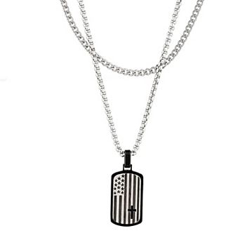 Men's STUDIO 1913 Stainless Steel Layered Box and Curb Chain Necklace with American Flag Dog Tag