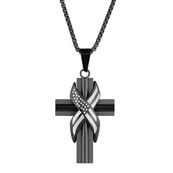 Men's STUDIO 1913 Stainless Steel Two Tone Cross with Flag Pendant Necklace