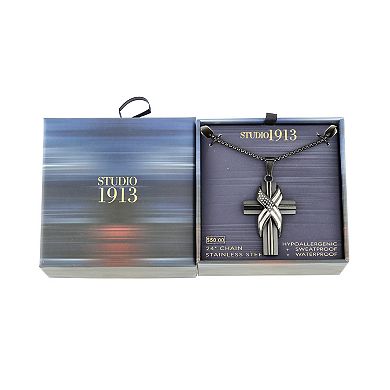 Men's STUDIO 1913 Stainless Steel Two Tone Cross with Flag Pendant Necklace