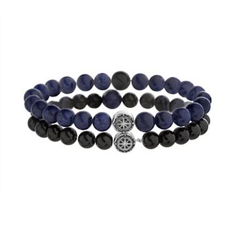Men's STUDIO 1913 "Like Father / Like Son" Blue and Black Glass Beads with Compasses Stretch Duo Bracelet Set