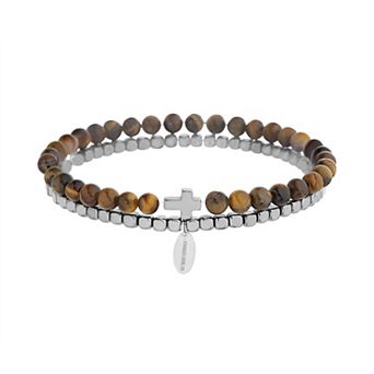 Men's STUDIO 1913 Hematite and Tiger Eye Stretch Duo Bracelet with Cross Set