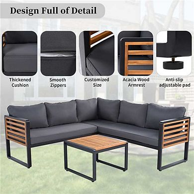 Merax 4 Pieces Outdoor Patio Conservation Set, Metal and Wood Frame Sectional L-shaped Sofa